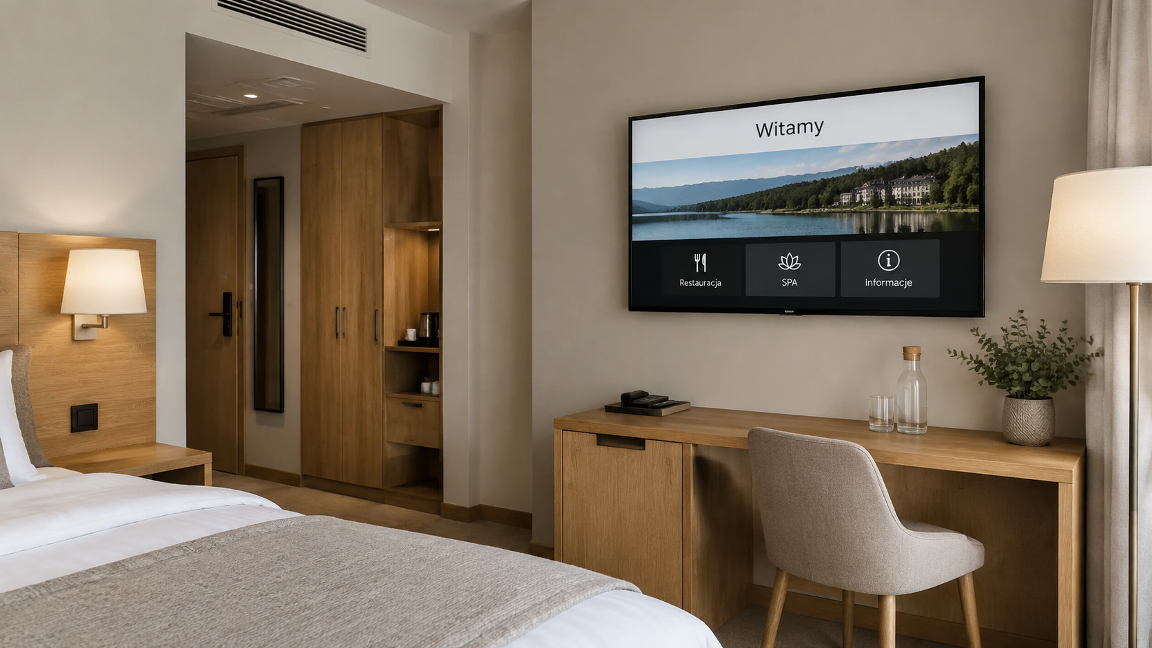 Telewizor z menu usług w pokoju hotelowym – wizualizacja