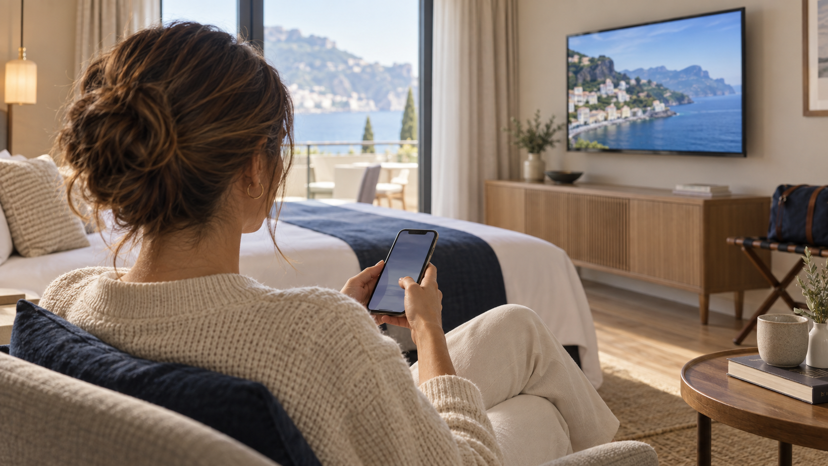 Gość hotelowy korzystający ze smartfona przy telewizorze wyświetlającym zdjęcie wybrzeża
