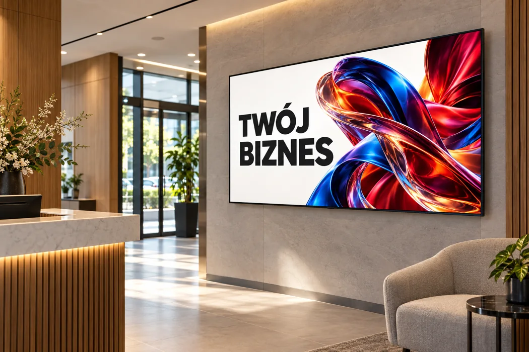Monitor z reklamą Twój biznes we wnętrzu punktu obsługi