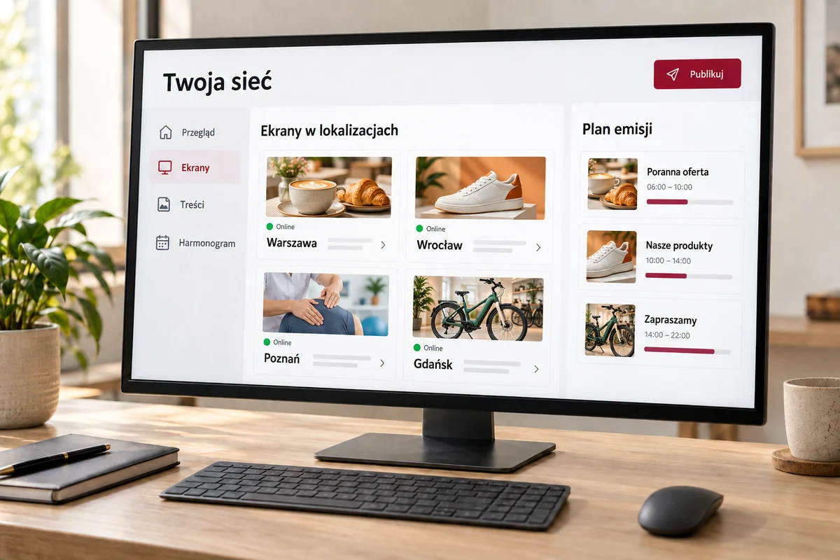 Wizualizacja panelu zarządzania treścią i ekranami w wielu lokalizacjach