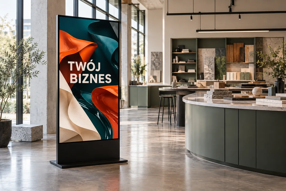 Pionowy ekran Digital Signage w kreatywnej pracowni projektowej