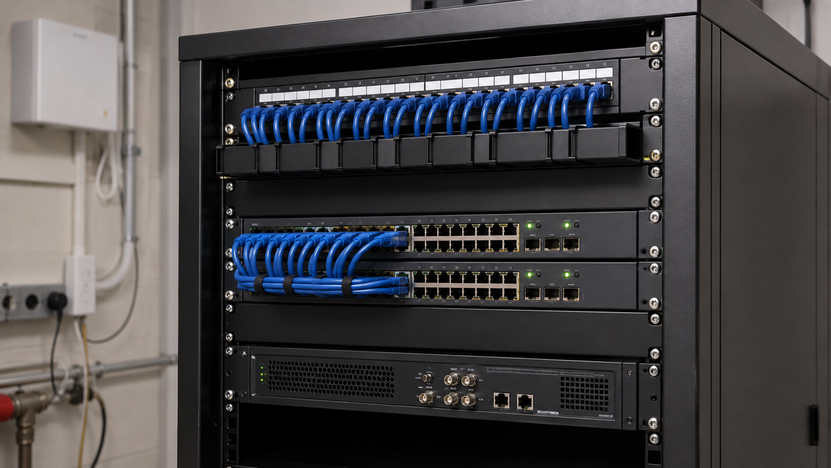 Szafa sieciowa z przełącznikami i okablowaniem dla instalacji IPTV – wizualizacja